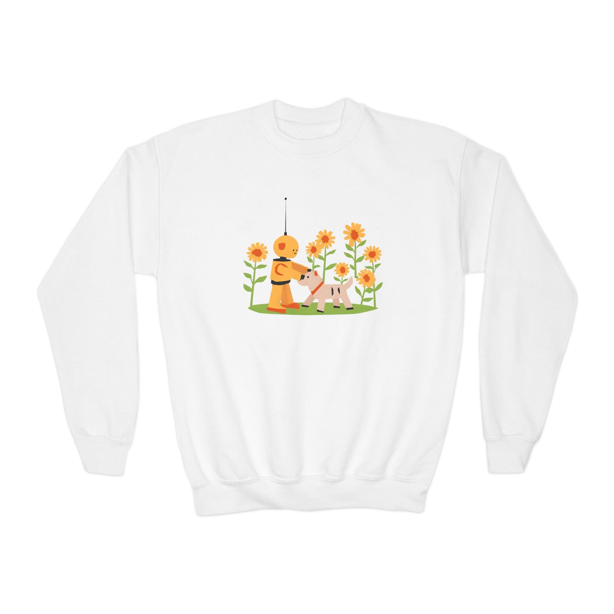 KidBots Sunflowers and Puppy Youth Crewneck Sweatshirt, Fun Kids Clothing, Gift for Children, Spring Look, Casual Wear