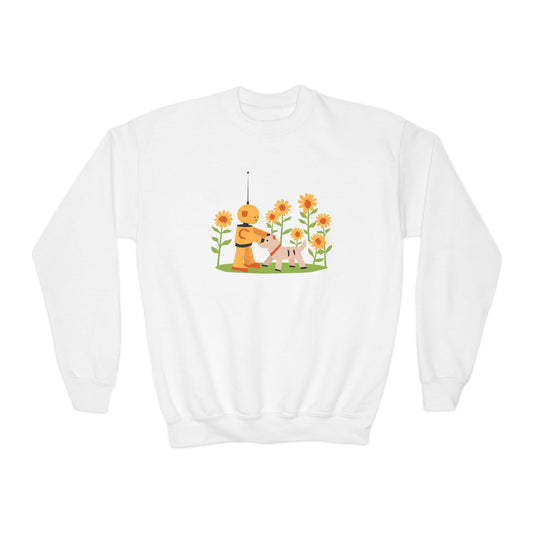 KidBots Sunflowers and Puppy Youth Crewneck Sweatshirt, Fun Kids Clothing, Gift for Children, Spring Look, Casual Wear