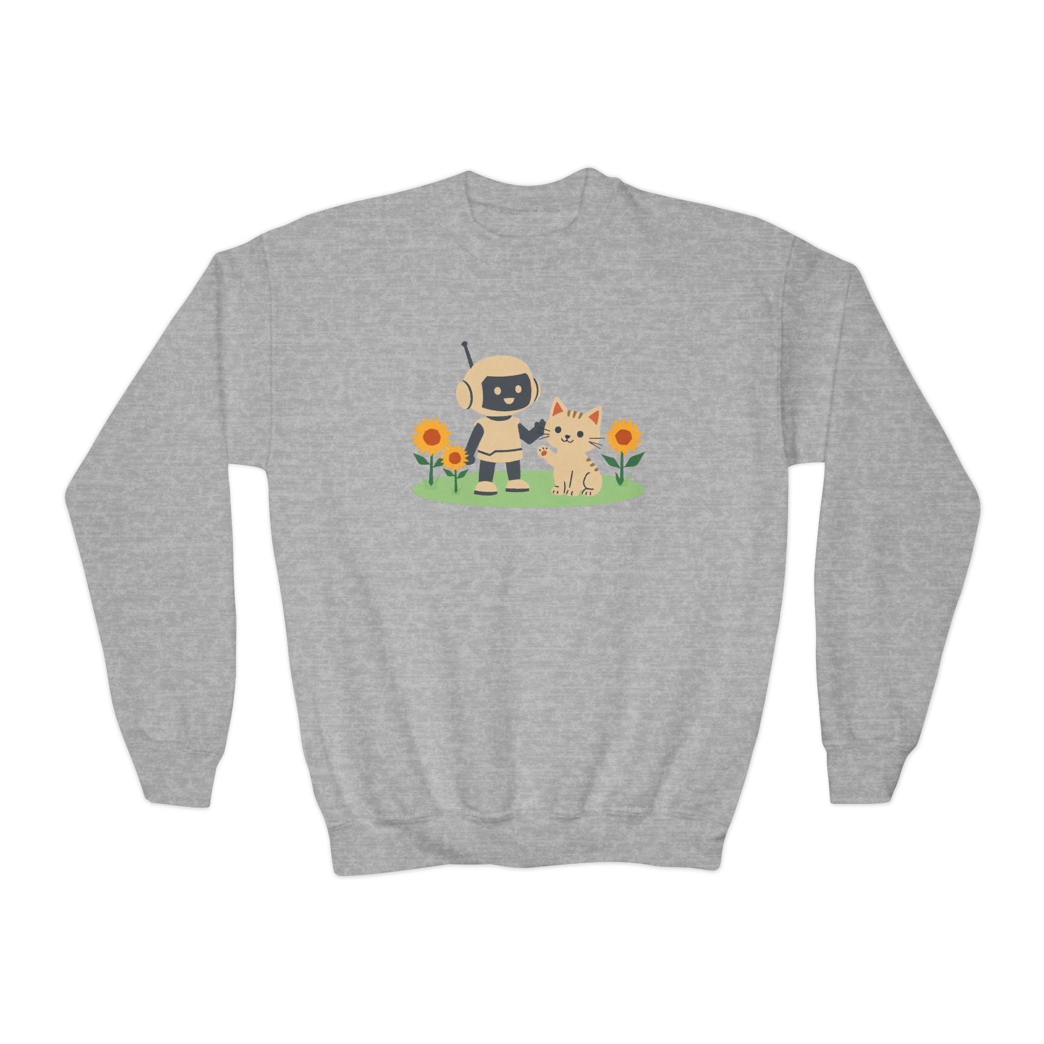 KidBots Kitten in Sunflowers Youth Crewneck Sweatshirt, Fun Kids Clothing, Gift for Children, Spring Look, Casual Wear