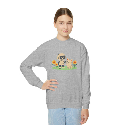 KidBots Kitten in Sunflowers Youth Crewneck Sweatshirt, Fun Kids Clothing, Gift for Children, Spring Look, Casual Wear