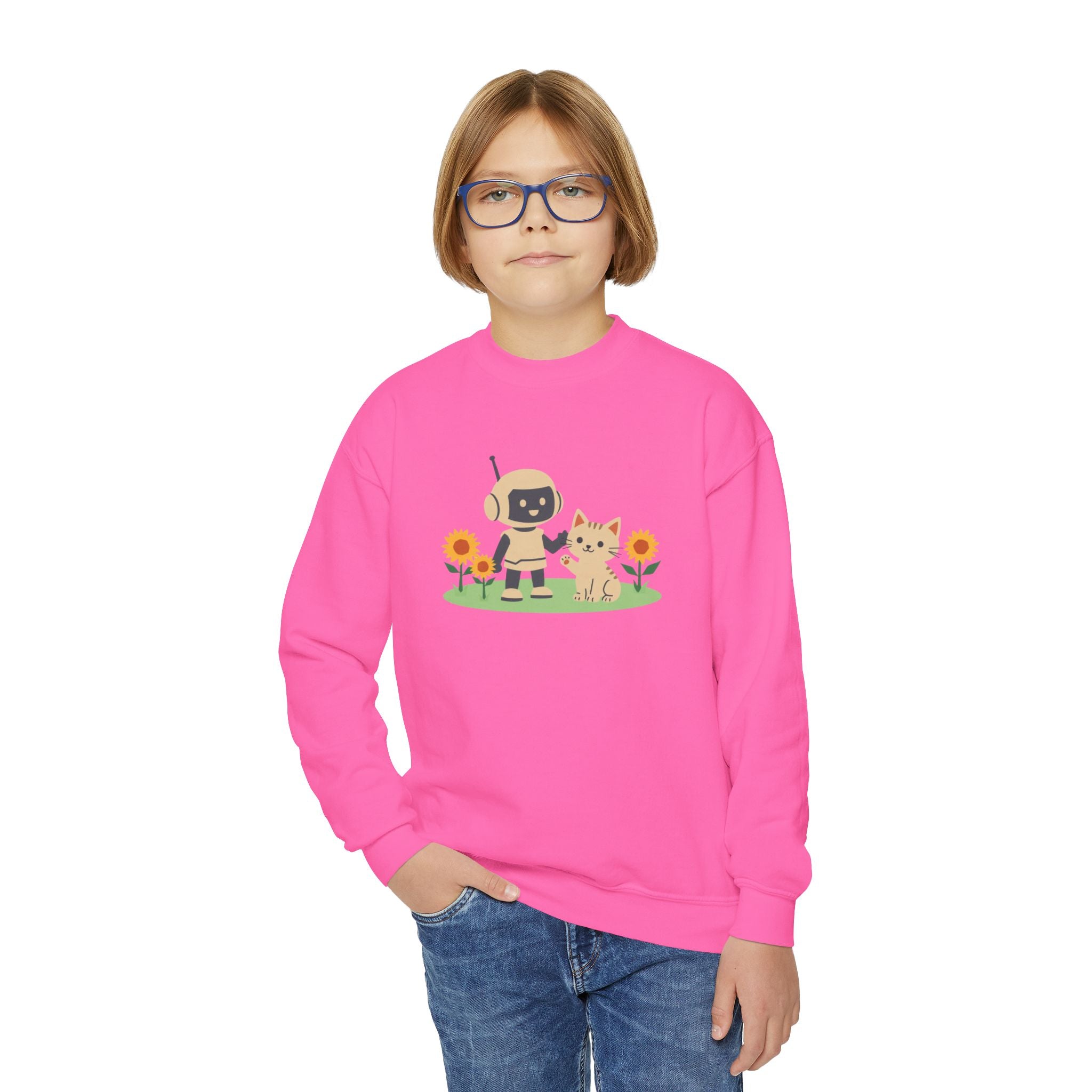 KidBots Kitten in Sunflowers Youth Crewneck Sweatshirt, Fun Kids Clothing, Gift for Children, Spring Look, Casual Wear