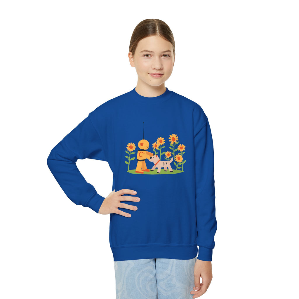 KidBots Sunflowers and Puppy Youth Crewneck Sweatshirt, Fun Kids Clothing, Gift for Children, Spring Look, Casual Wear